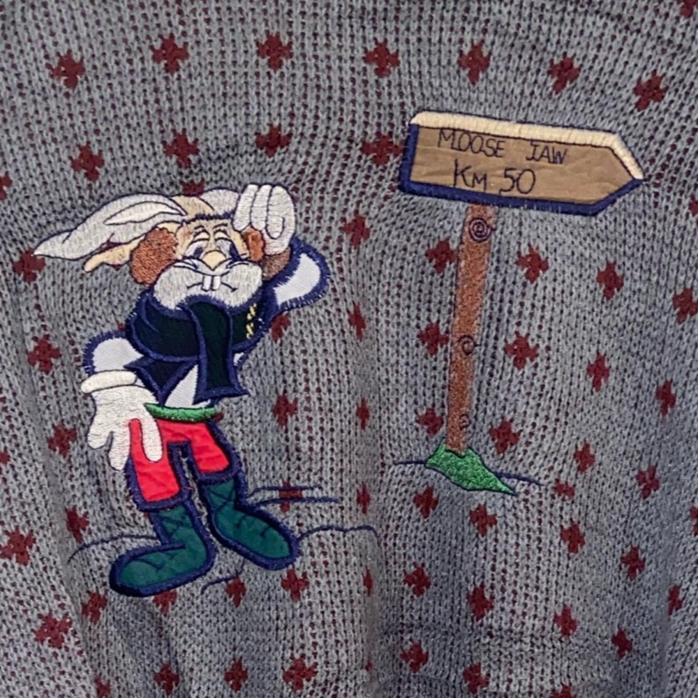 Vintage embroidered handmade bunny sweater wool brand fine line color grey - Picture 2 of 7